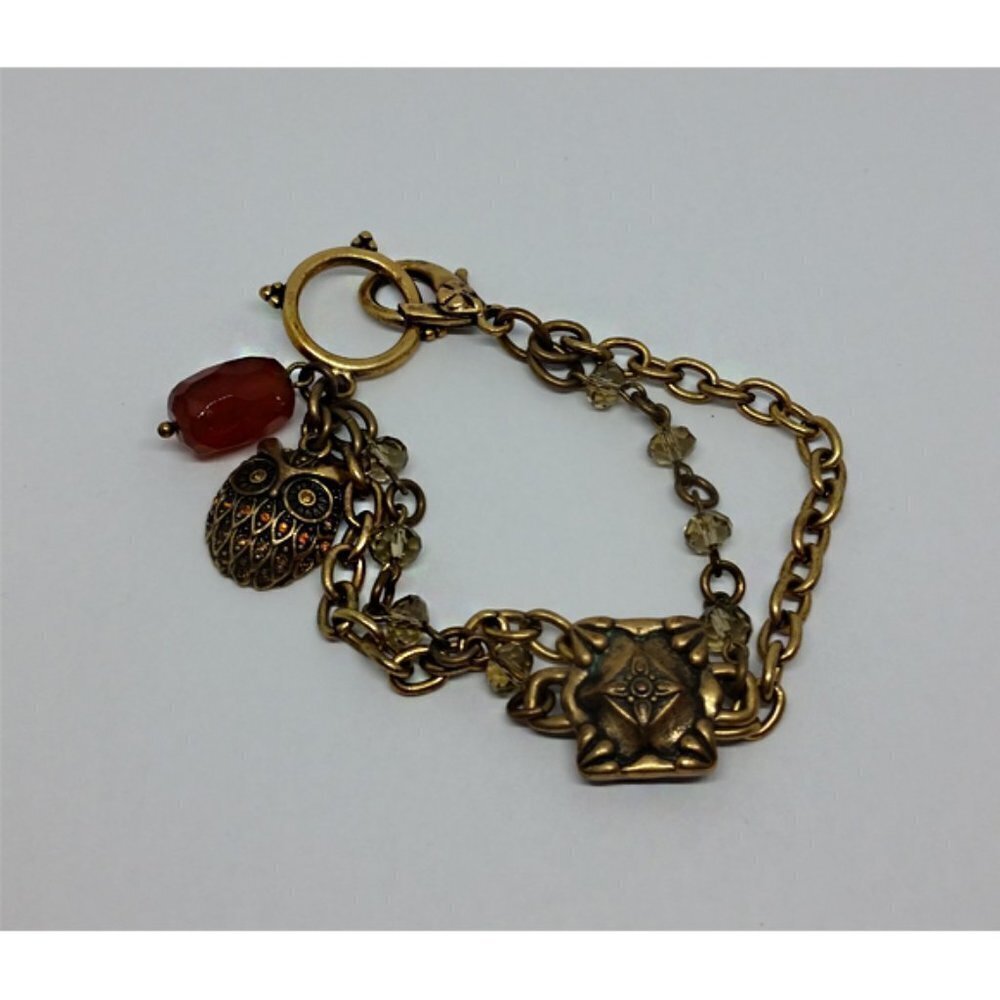 LUCKY Brand Rhinestone Owl Charm Bracelet Boho Antique Brassy Gold Chain Metal.